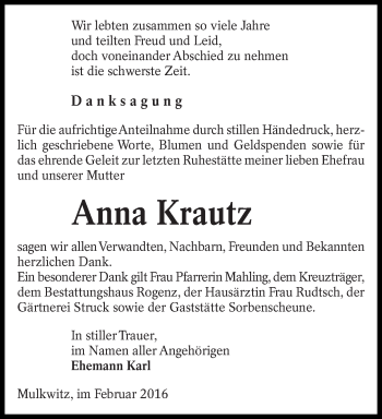 Traueranzeige von Anna Krautz von lausitzer_rundschau