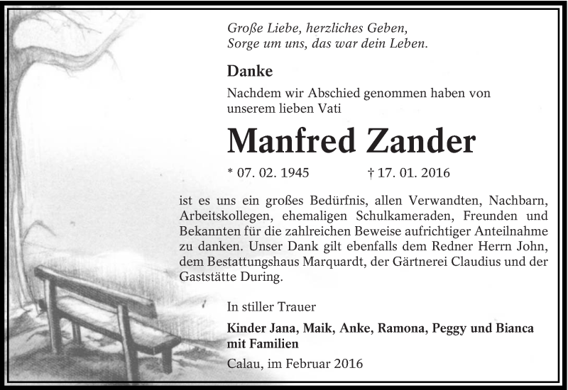  Traueranzeige für Manfred Zander vom 13.02.2016 aus lausitzer_rundschau