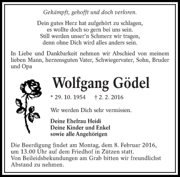 Traueranzeige von Wolfgang Gödel von lausitzer_rundschau