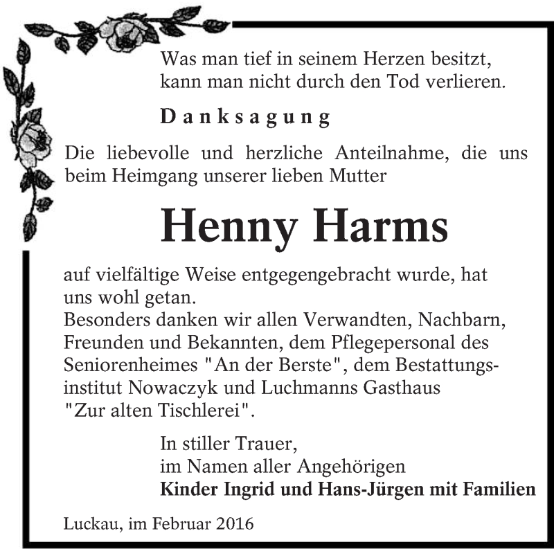  Traueranzeige für Henny Harms vom 27.02.2016 aus lausitzer_rundschau