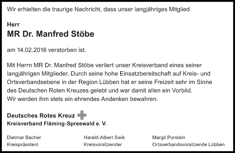  Traueranzeige für Manfred Stöbe vom 24.02.2016 aus lausitzer_rundschau