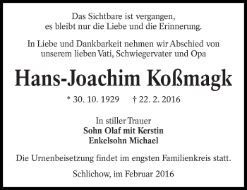 Traueranzeige von Hans-Joachim Koßmagk von lausitzer_rundschau