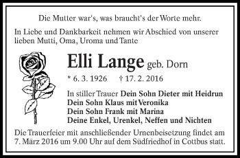 Traueranzeige von Elli Lange geb. Dorn von lausitzer_rundschau