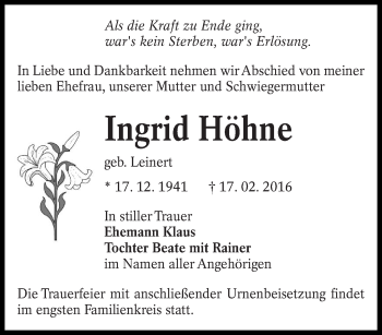 Traueranzeige von Ingrid Höhne von lausitzer_rundschau