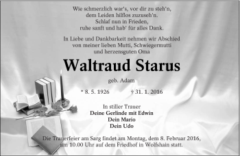 Traueranzeige von Waltraud Starus von lausitzer_rundschau