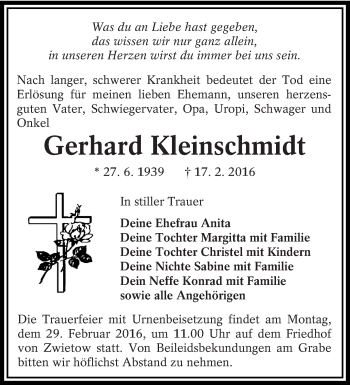 Traueranzeige von Gerhard Kleinschmidt von lausitzer_rundschau