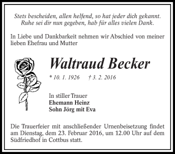 Traueranzeige von Waltraud Becker von lausitzer_rundschau