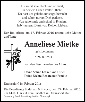 Traueranzeige von Anneliese Mietke von lausitzer_rundschau