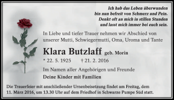 Traueranzeige von Klara Butzlaff von lausitzer_rundschau