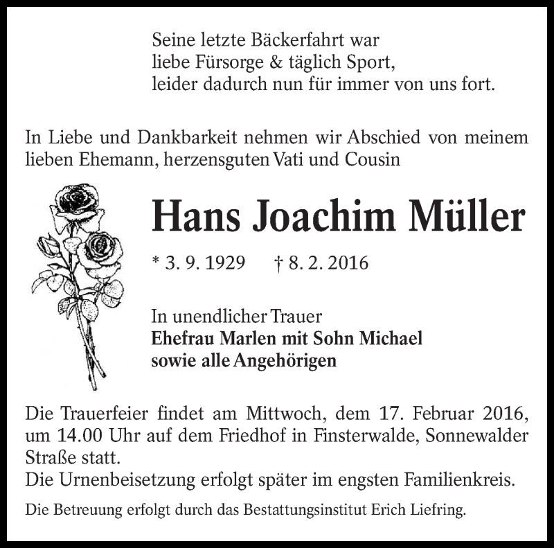  Traueranzeige für Hans Joachim Müller vom 13.02.2016 aus lausitzer_rundschau