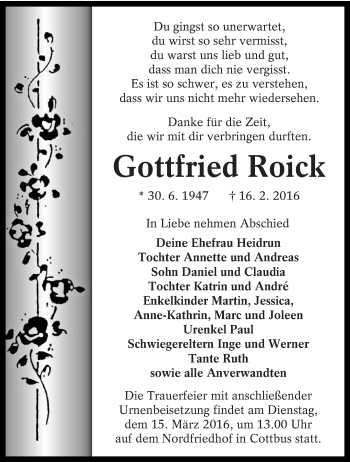 Traueranzeige von Gottfried Roick von lausitzer_rundschau