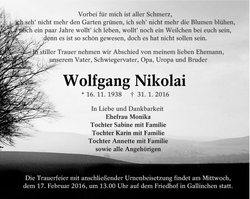  Traueranzeige für Wolfgang Nikolai vom 10.02.2016 aus lausitzer_rundschau