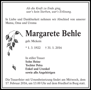 Traueranzeige von Margarete Behle von lausitzer_rundschau