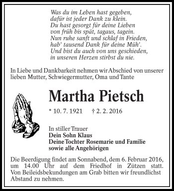 Traueranzeige von Martha Pietsch von lausitzer_rundschau