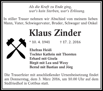 Traueranzeige von Klaus Zinder von lausitzer_rundschau