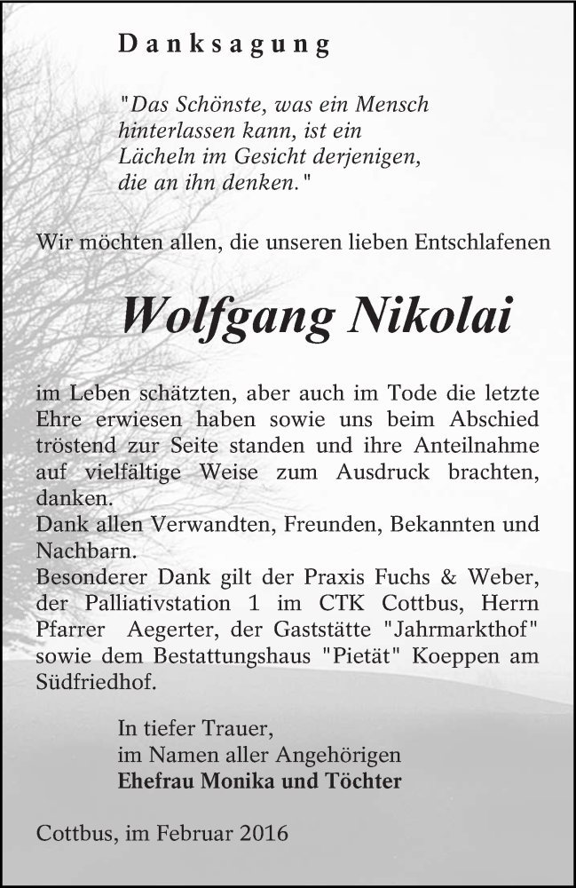  Traueranzeige für Wolfgang Nikolai vom 24.02.2016 aus lausitzer_rundschau