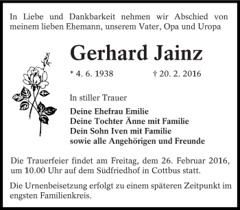 Traueranzeige von Gerhard Jainz von lausitzer_rundschau