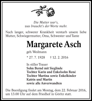 Traueranzeige von Margarete Asch von lausitzer_rundschau