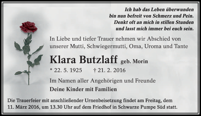  Traueranzeige für Klara Butzlaff vom 27.02.2016 aus lausitzer_rundschau