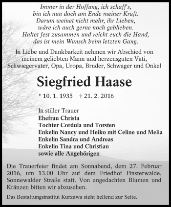 Traueranzeige von Siegfried Haase von lausitzer_rundschau