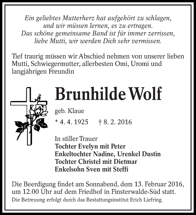  Traueranzeige für Brunhilde Wolf vom 11.02.2016 aus lausitzer_rundschau