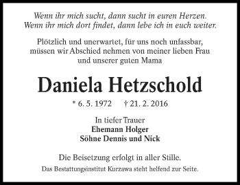Traueranzeige von Daniela Hetzschold von lausitzer_rundschau