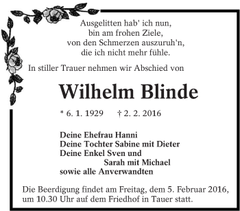 Traueranzeige von Wilhelm Blinde von lausitzer_rundschau