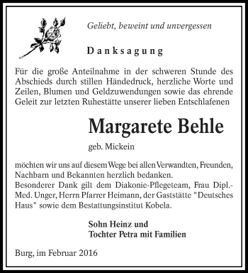 Traueranzeige von Margarete Behle von lausitzer_rundschau