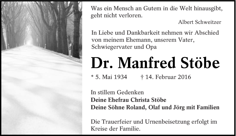  Traueranzeige für Manfred Stöbe vom 19.02.2016 aus lausitzer_rundschau