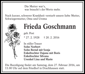 Traueranzeige von Frieda Goschmann von lausitzer_rundschau