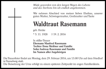 Traueranzeige von Waldtraut Rasemann von lausitzer_rundschau