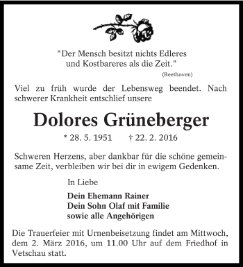 Traueranzeige von Dolores Grüneberger von lausitzer_rundschau
