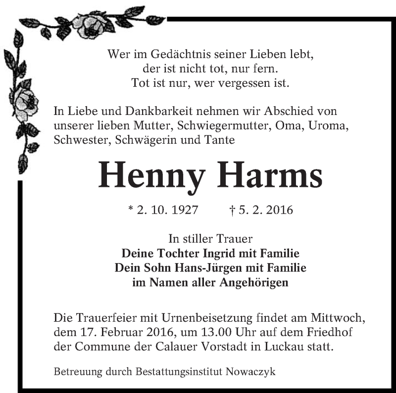  Traueranzeige für Henny Harms vom 09.02.2016 aus lausitzer_rundschau