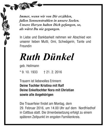 Traueranzeige von Ruth Dünkel von lausitzer_rundschau