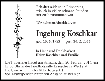 Traueranzeige von Ingeborg Koschkar von lausitzer_rundschau