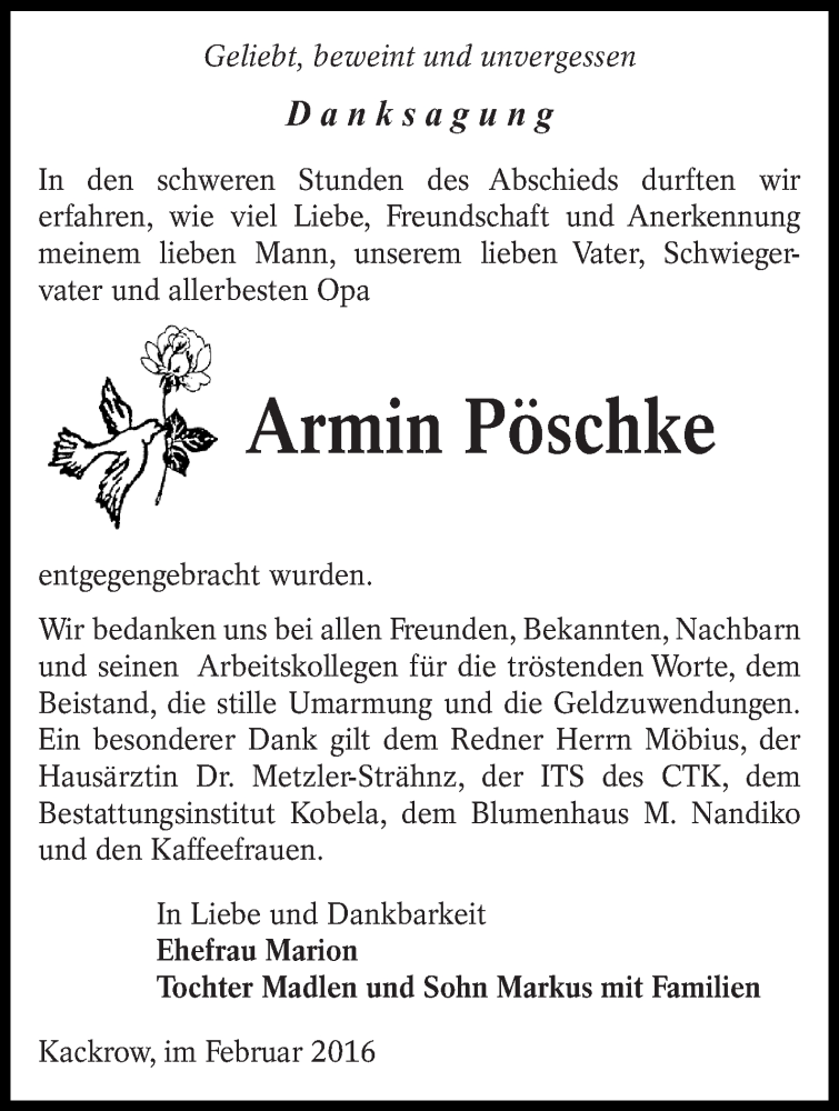  Traueranzeige für Armin Pöschke vom 27.02.2016 aus lausitzer_rundschau