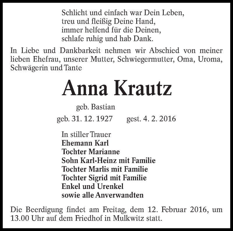  Traueranzeige für Anna Krautz vom 09.02.2016 aus lausitzer_rundschau