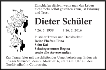 Traueranzeige von Dieter Schüler von lausitzer_rundschau