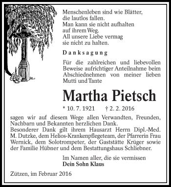 Traueranzeige von Martha Pietsch von lausitzer_rundschau