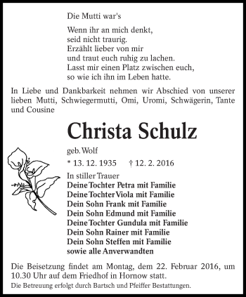 Traueranzeige von Christa Schulz von lausitzer_rundschau