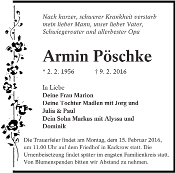 Traueranzeige von Armin Pöschke von lausitzer_rundschau