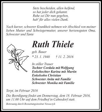 Traueranzeige von Ruth Thiele von lausitzer_rundschau