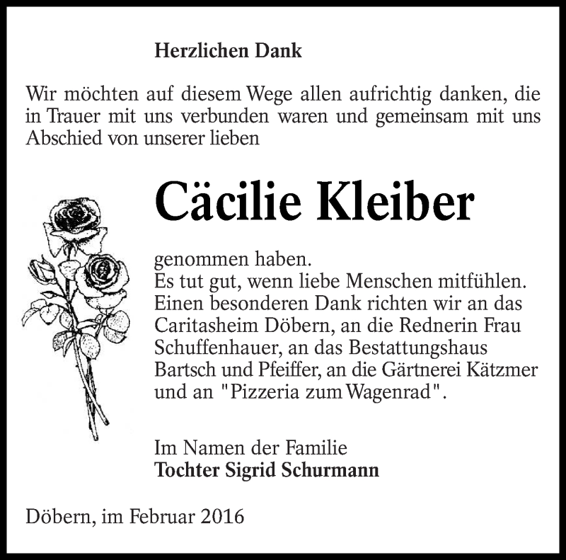  Traueranzeige für Cäcilie Kleiber vom 20.02.2016 aus lausitzer_rundschau