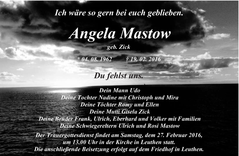  Traueranzeige für Angela Mastow vom 24.02.2016 aus lausitzer_rundschau