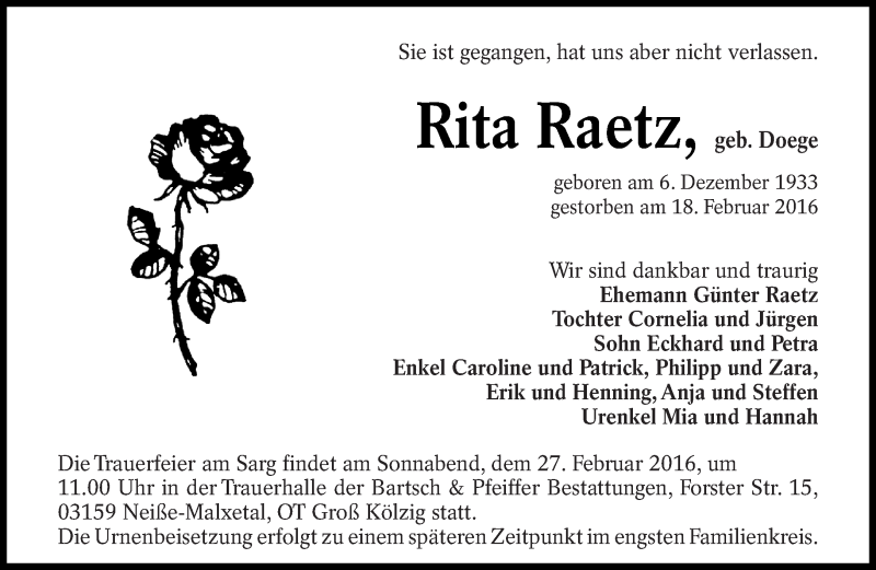 Traueranzeige für Rita Raetz vom 24.02.2016 aus lausitzer_rundschau
