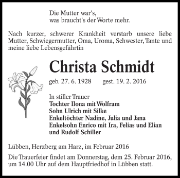 Traueranzeige von Christa Schmidt von lausitzer_rundschau