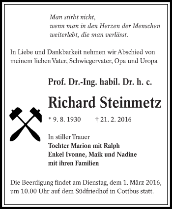 Traueranzeige von Richard Steinmetz von lausitzer_rundschau
