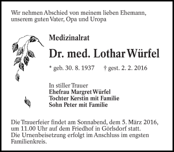 Traueranzeige von Lothar Würfel von lausitzer_rundschau