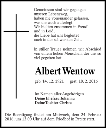 Traueranzeige von Albert Wentow von lausitzer_rundschau