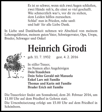 Traueranzeige von Heinrich  Girodi von lausitzer_rundschau